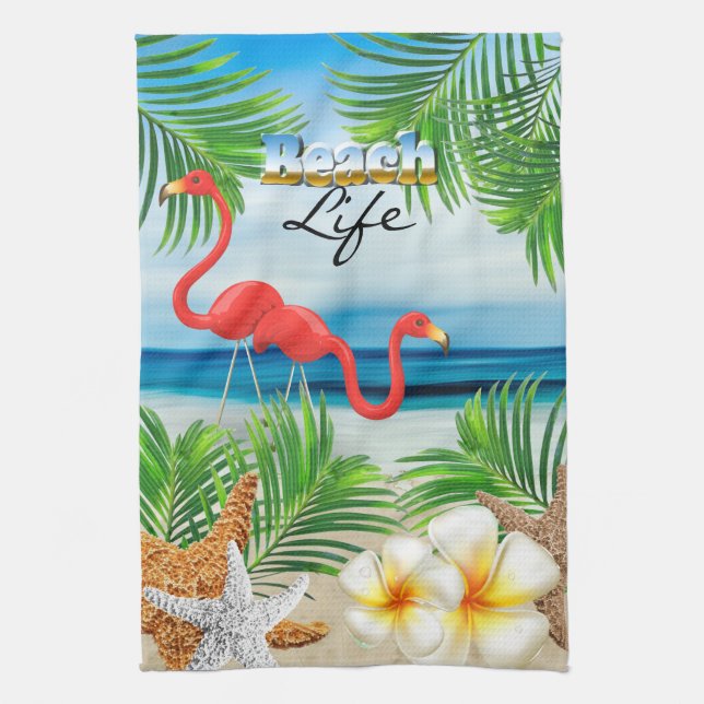 Beach Life with Pink Flamingos Kitchen Towel (Vertical)