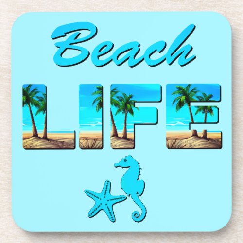 Beach Life Word Art with Sand and Palm Trees  Beverage Coaster