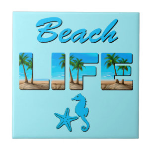 Beach Life Word Art with Sand and Palm Trees Ceramic Tile