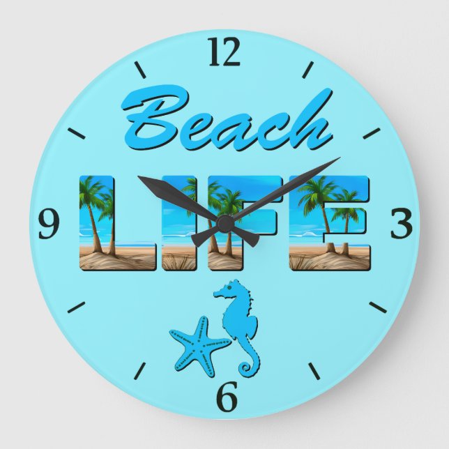 Beach Life Word Art with Sand and Palm Trees  Large Clock (Front)