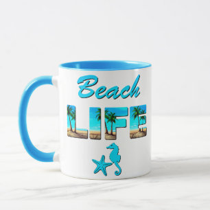 Beach Life Word Art with Sand and Palm Trees   Mug
