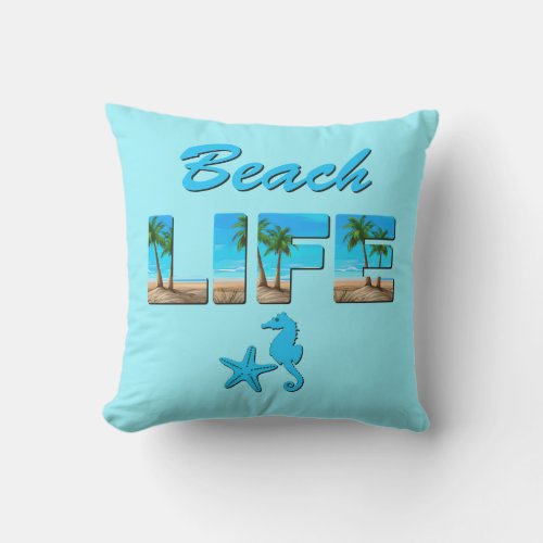 Beach Life Word Art with Sand and Palm Trees Outdoor Pillow
