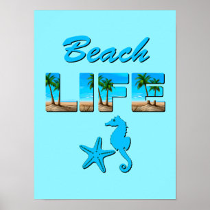 Beach Life Word Art with Sand and Palm Trees Poster