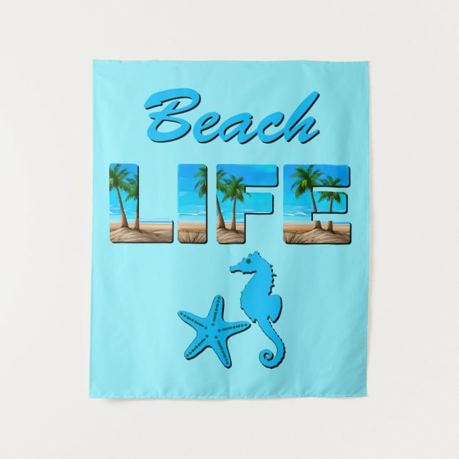 Beach Life Word Art with Sand and Palm Trees Tapestry (Front)
