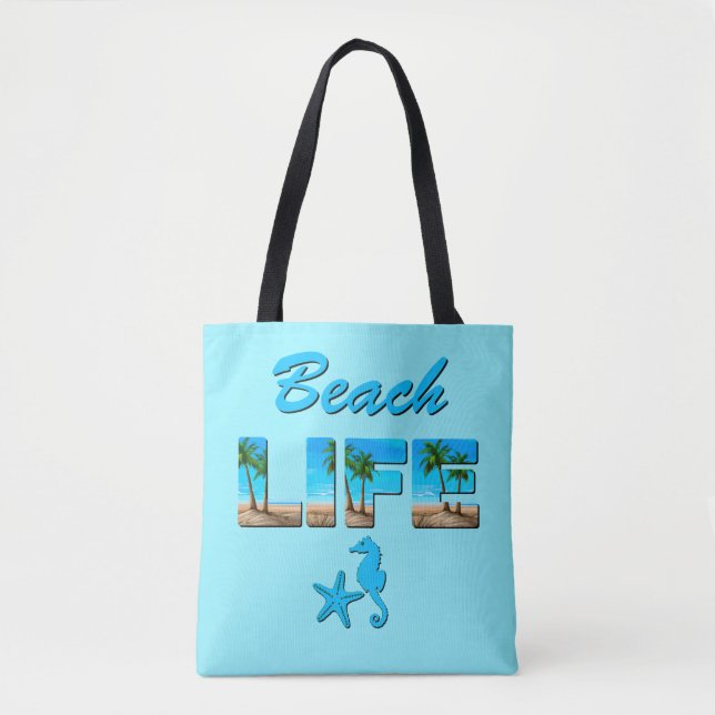 Beach Life Word Art with Sand and Palm Trees   Tote Bag (Front)