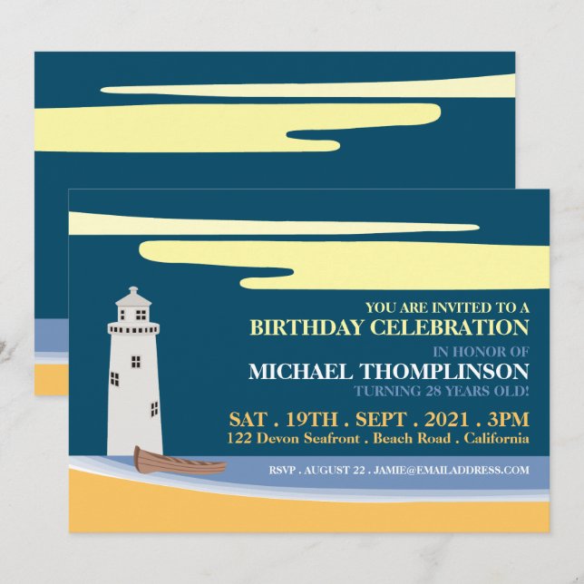 Beach Lighthouse, Birthday Party Invitation (Front/Back)