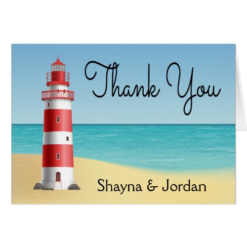 Beach Lighthouse Blue Nautical Wedding Thank You