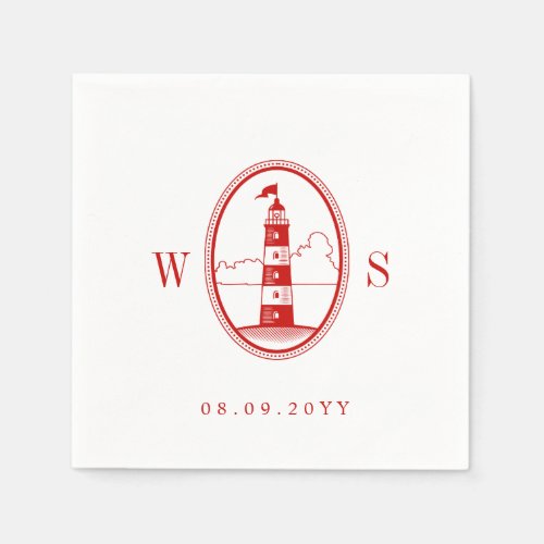 Beach Lighthouse  Crimson Red Monogram Napkins