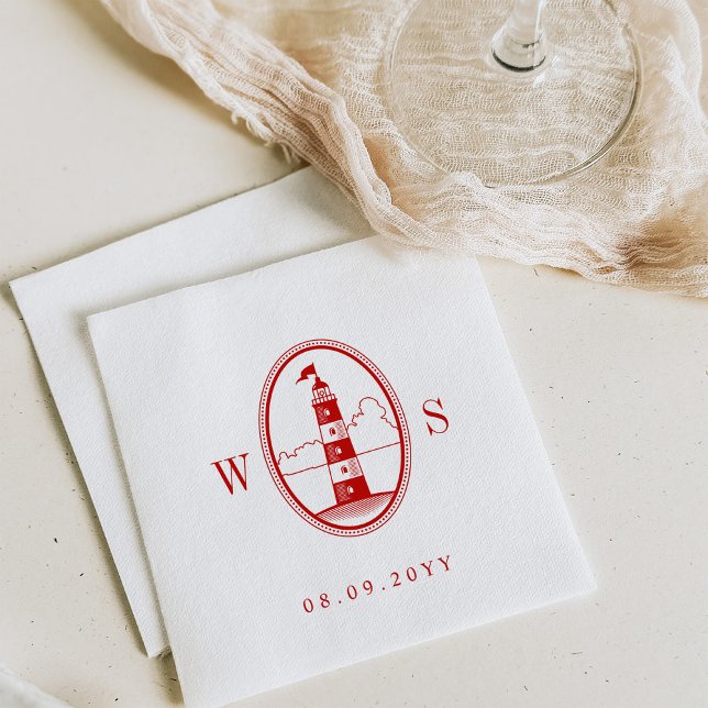 Beach Lighthouse | Crimson Red Monogram Napkins (Creator Uploaded)
