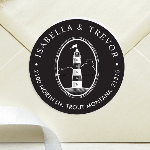 Beach Lighthouse  Nautical Themed Black Classic Round Sticker