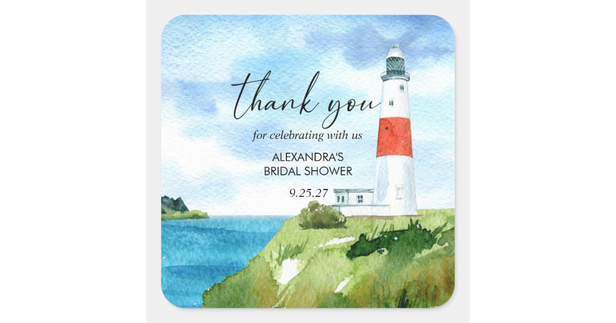 Beach Lighthouse Nautical Themed Bridal Shower Square Sticker | Zazzle