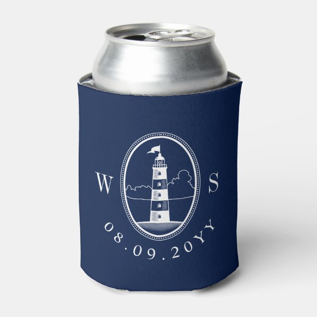 Beach Lighthouse | Nautical Wedding Monogram Can Cooler (Can Front)