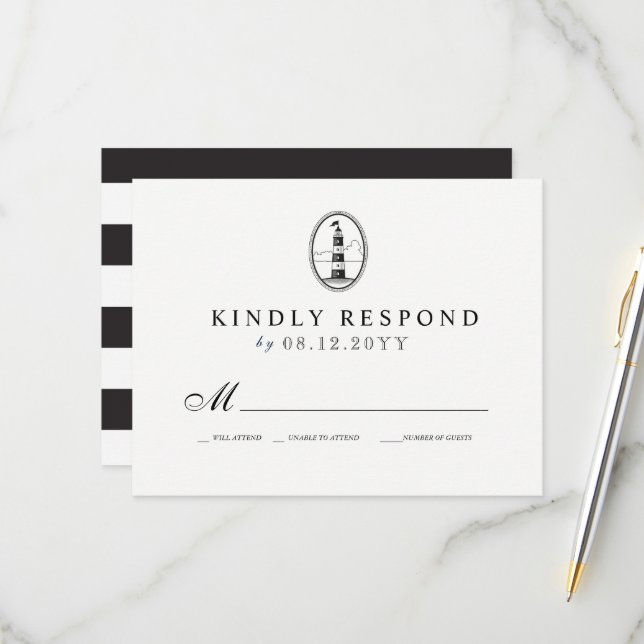 Beach Lighthouse | Nautical Wedding RSVP B/W Card (Front/Back In Situ)