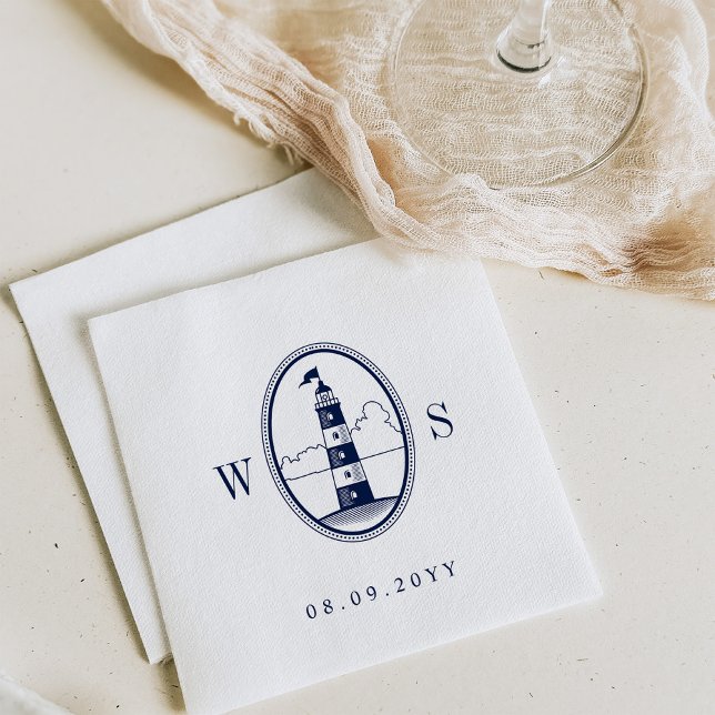 Beach Lighthouse | Navy Monogram Napkins (Creator Uploaded)