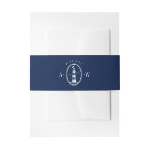 Beach Lighthouse Navy Nautical Wedding Monogram Invitation Belly Band