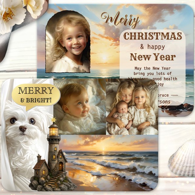 Beach Lighthouse Photo Collage Christmas Card (Unique vintage Christmas Holidays card featuring your custom photos with a beach and lighthouse)
