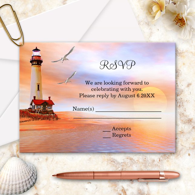 Beach Lighthouse Wedding Enclosure RSVP Invitation (Wedding RSVP invitation or enclosure card with a painting of a lighthouse at the beach)