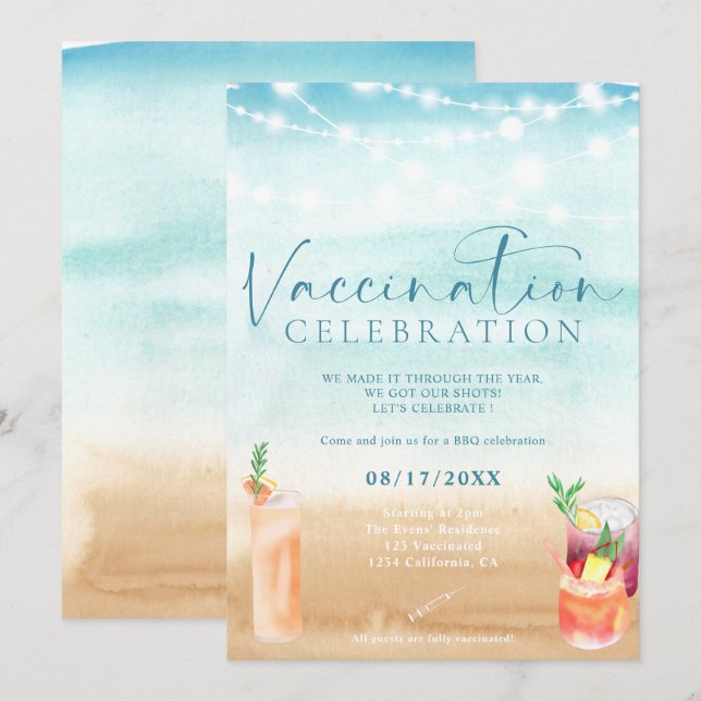 Beach lights cocktails Vaccination celebration Invitation (Front/Back)