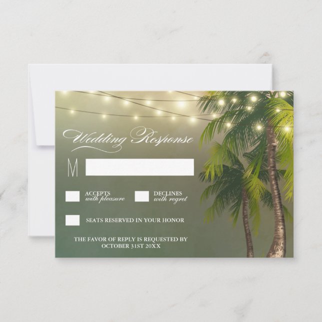 Beach Lights Palm Tree Tropical Wedding RSVP Cards (Front)