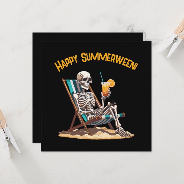 Beach Lounging Skeleton Halloween Greeting Card (Front/Back In Situ)
