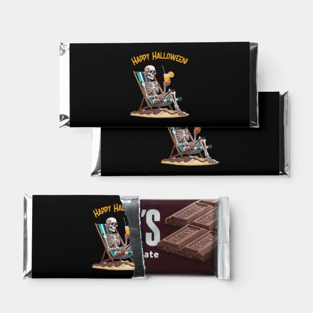 Beach Lounging Skeleton Halloween Hershey Bar Favors (Front)