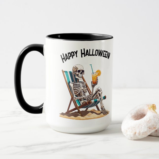Beach Lounging Skeleton Halloween Mug (With Donut)