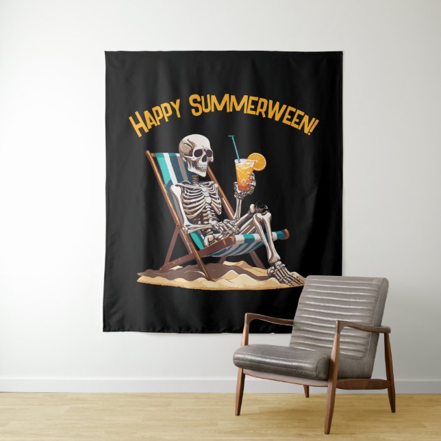 Beach Lounging Skeleton Halloween Photo Backdrop (In Situ)
