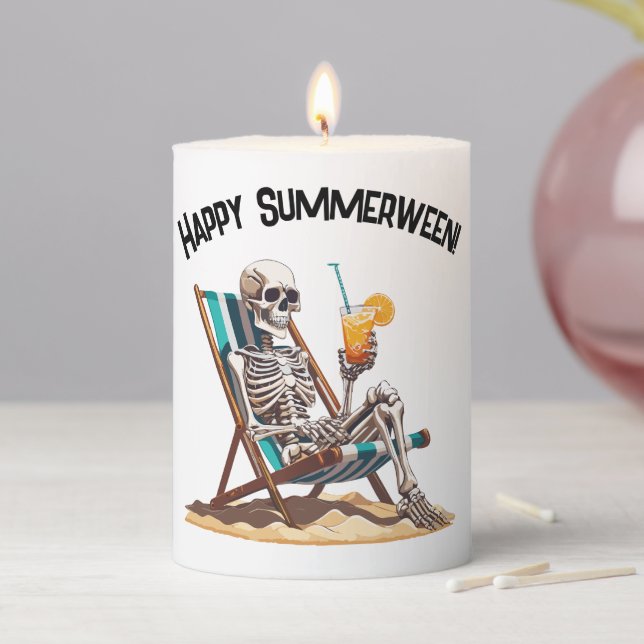 Beach Lounging Skeleton Halloween Pillar Candle (In Situ)