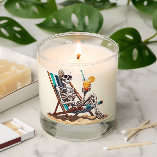 Beach Lounging Skeleton Halloween Scented Candle (Lit)