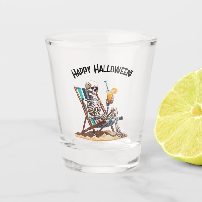 Beach Lounging Skeleton Halloween Shot Glass (Front)