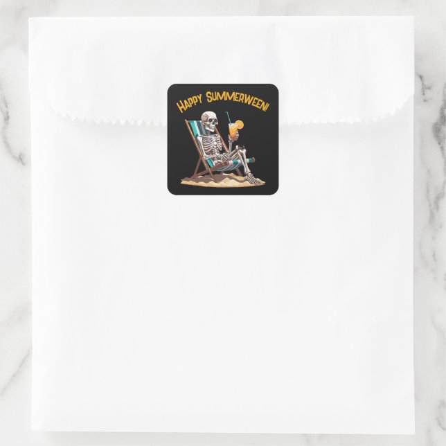 Beach Lounging Skeleton Halloween Square Sticker (Bag)