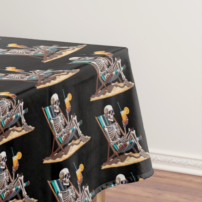 Beach Lounging Skeleton Halloween Tablecloth (In Situ)