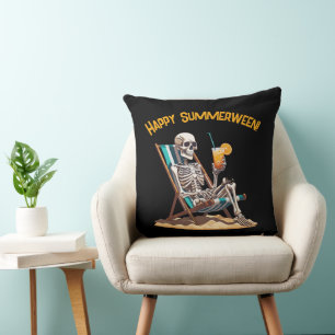 Beach Lounging Skeleton Halloween Throw Pillow