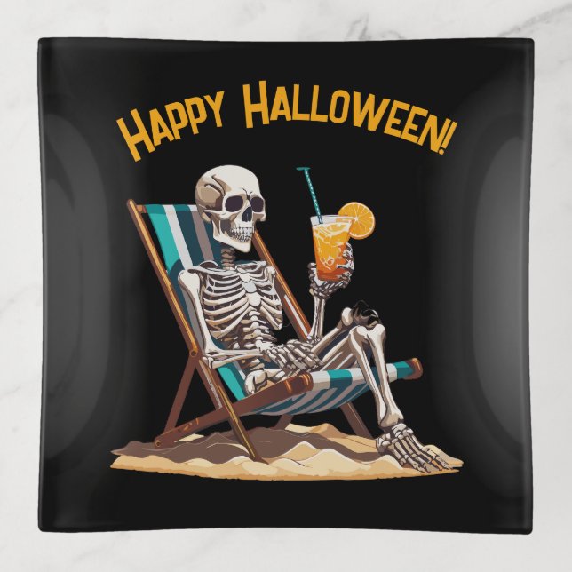Beach Lounging Skeleton Halloween Trinket Tray (Front)