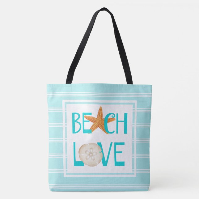 Beach Love, aqua/white, starfish & sand dollar Tote Bag (Front)