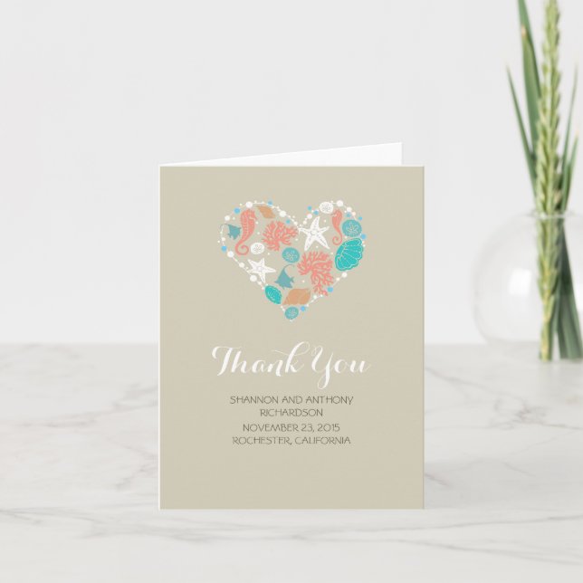 beach love heart romantic wedding thank you card (Front)