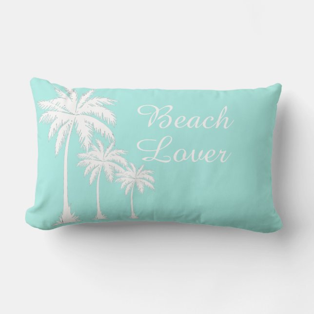 Beach Lover Palm Tree Aqua Blue Lumbar Pillow (Front)