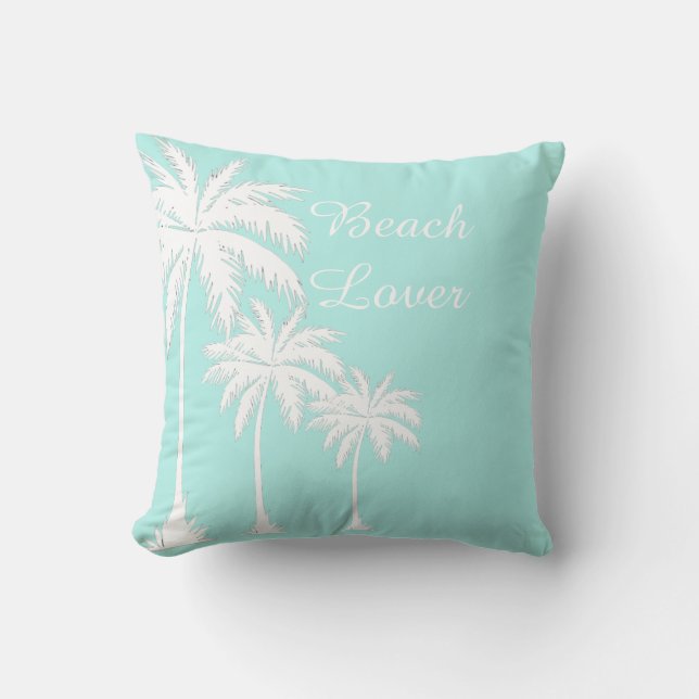 Beach Lover Palm Tree Blue White Outdoor Pillow (Front)