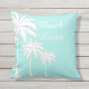 Beach Lover Palm Tree Blue White Outdoor Pillow