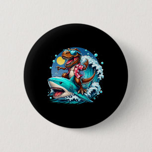 Beach Lover T-rex Dinosaur Riding Shark Surfing Oc Button