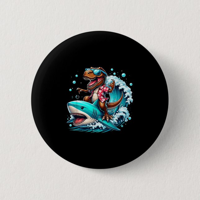 Beach Lover T-rex Dinosaur Riding Shark Surfing Oc Button (Front)