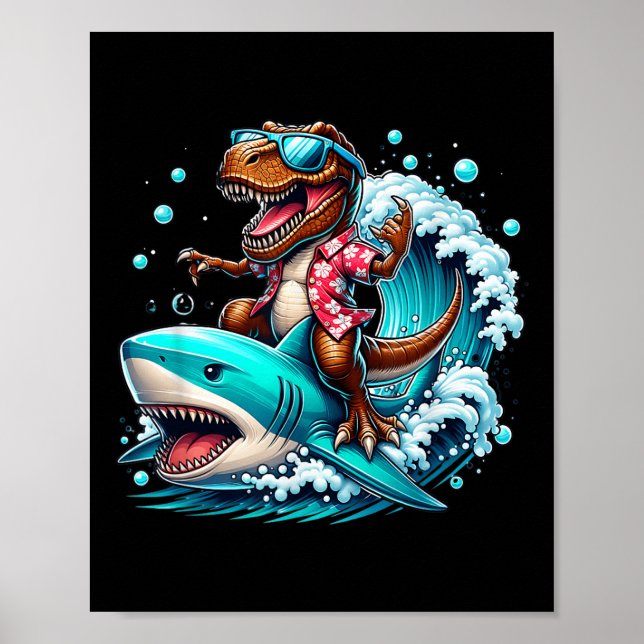 Beach Lover T-rex Dinosaur Riding Shark Surfing Oc Poster (Front)