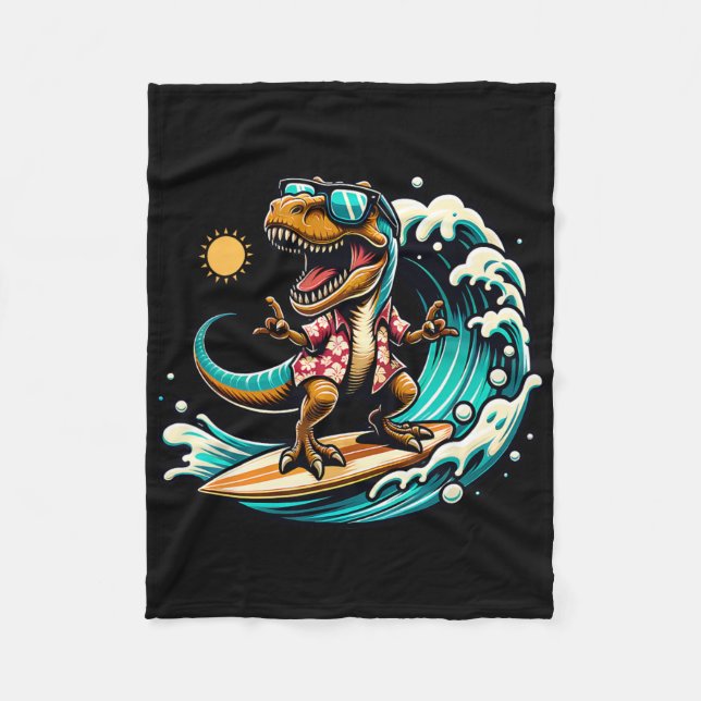 Beach Lover T-rex Dinosaur Riding Surfboard Surfin Fleece Blanket (Front)