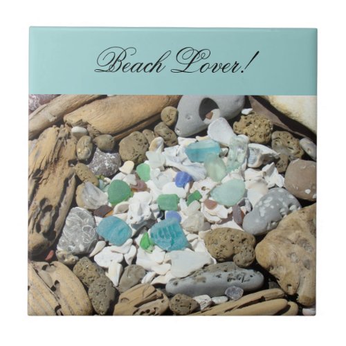 Beach Lover Tile Art Blue Sea Glass Seashells