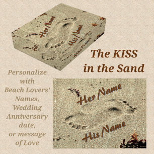 Beach Lovers Footprints Kiss in the Sand Glass Paperweight