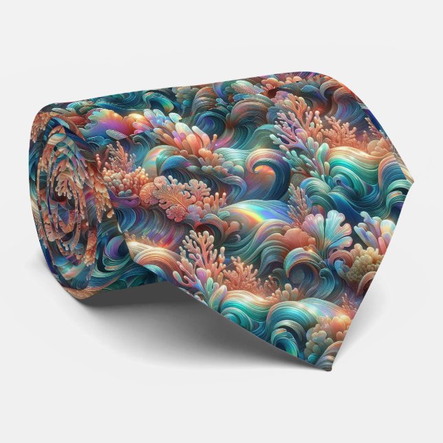 Beach Lovers Tie | Holographic Ocean Coral Pattern (Rolled)