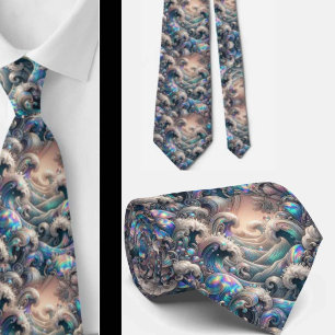Beach Lovers Tie   Holographic Ocean Coral Pattern