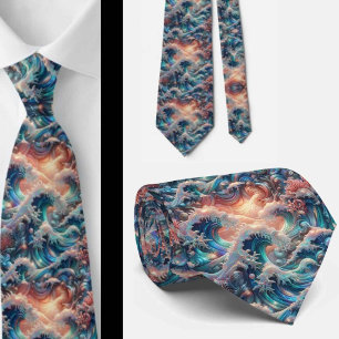 Beach Lovers Tie   Holographic Ocean Coral Pattern