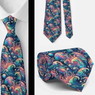 Beach Lovers Tie   Holographic Ocean Coral Pattern