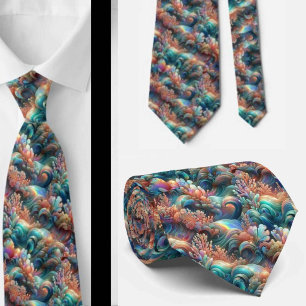 Beach Lovers Tie   Holographic Ocean Coral Pattern